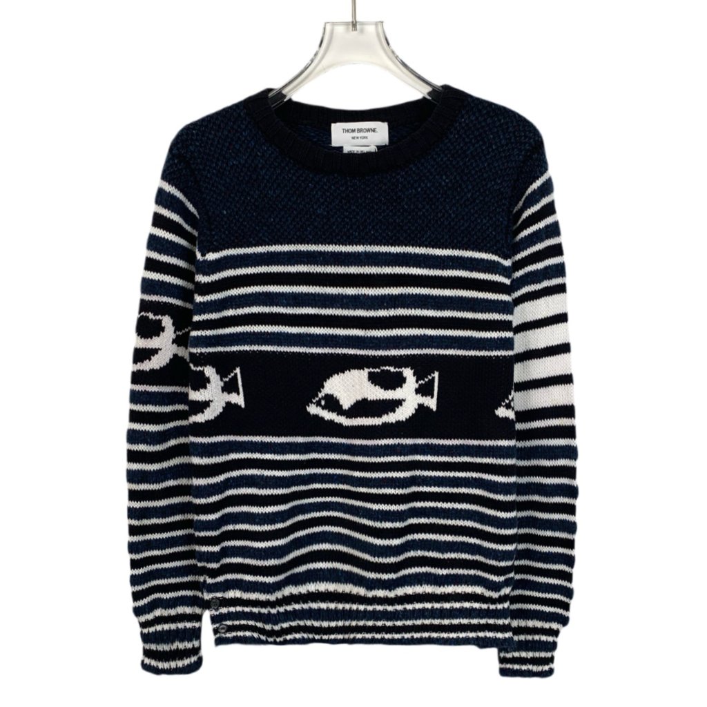 Thom Browne Colorblock Striped Fish Intarsia Cotton Crewneck Knit Sweater